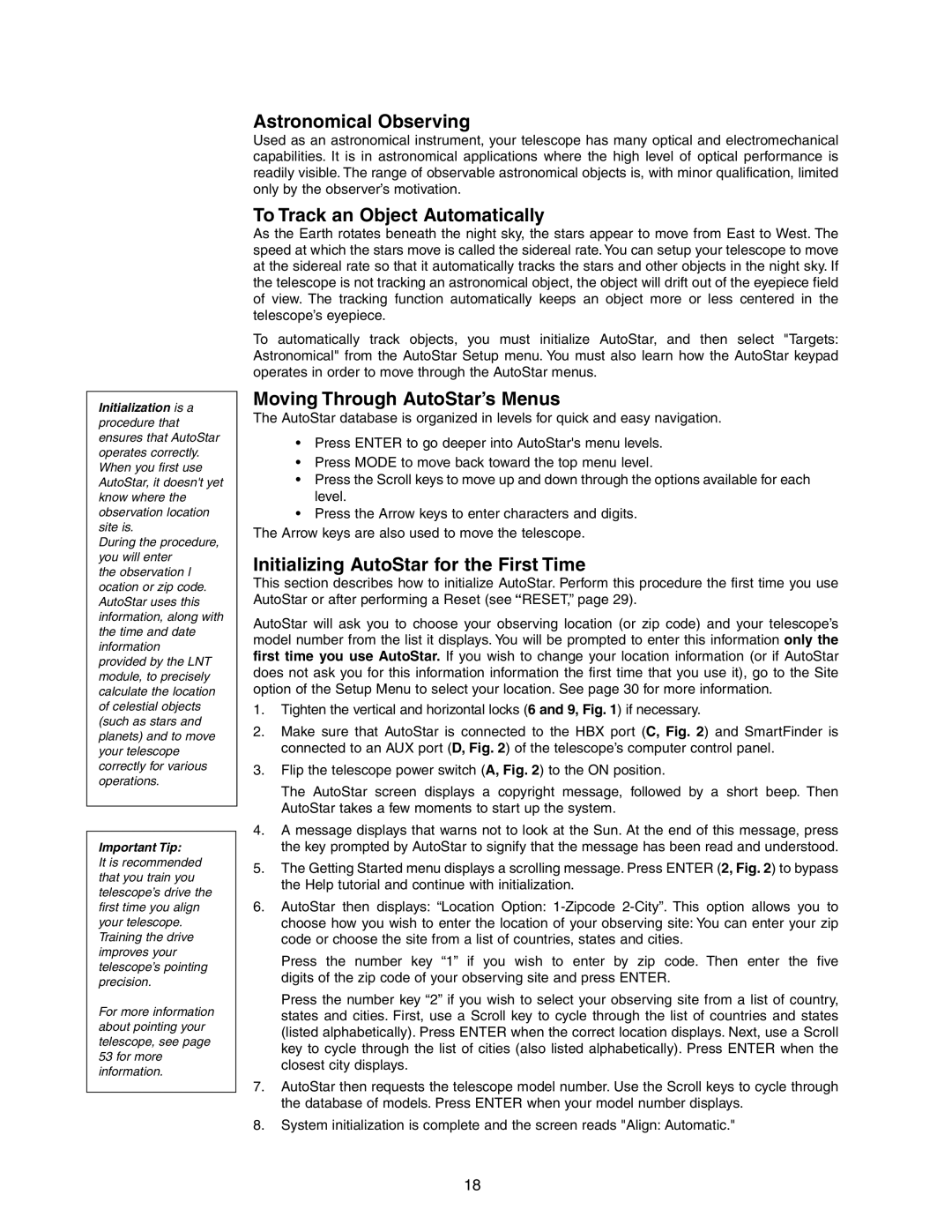 Meade LX90 instruction manual Astronomical Observing, To Track an Object Automatically, Moving Through AutoStar’s Menus 