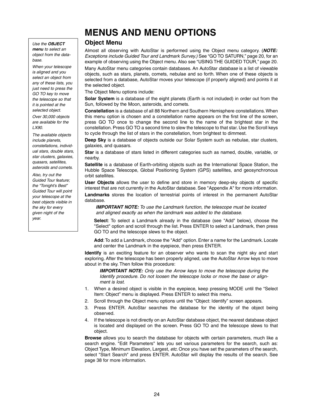 Meade LX90 instruction manual Menus and Menu Options, Object Menu 