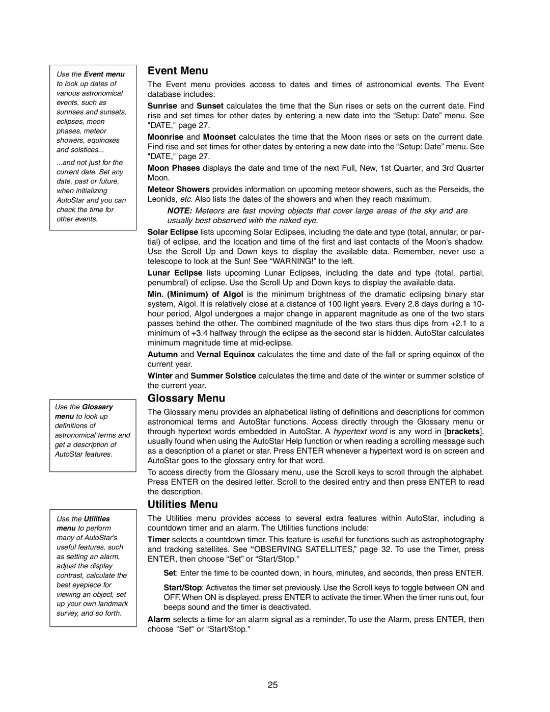 Meade LX90 instruction manual Event Menu, Glossary Menu, Utilities Menu 