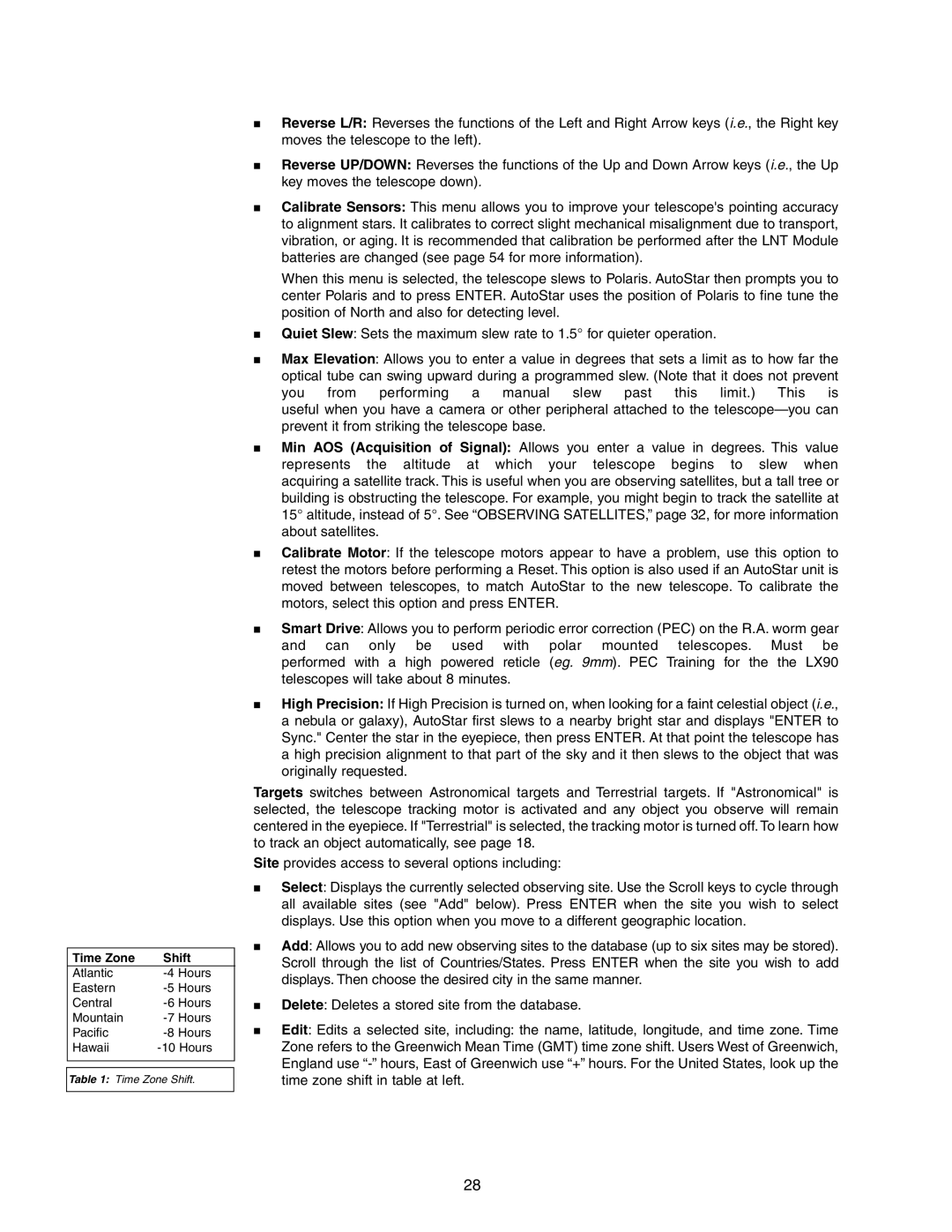 Meade LX90 instruction manual Time Zone Shift 