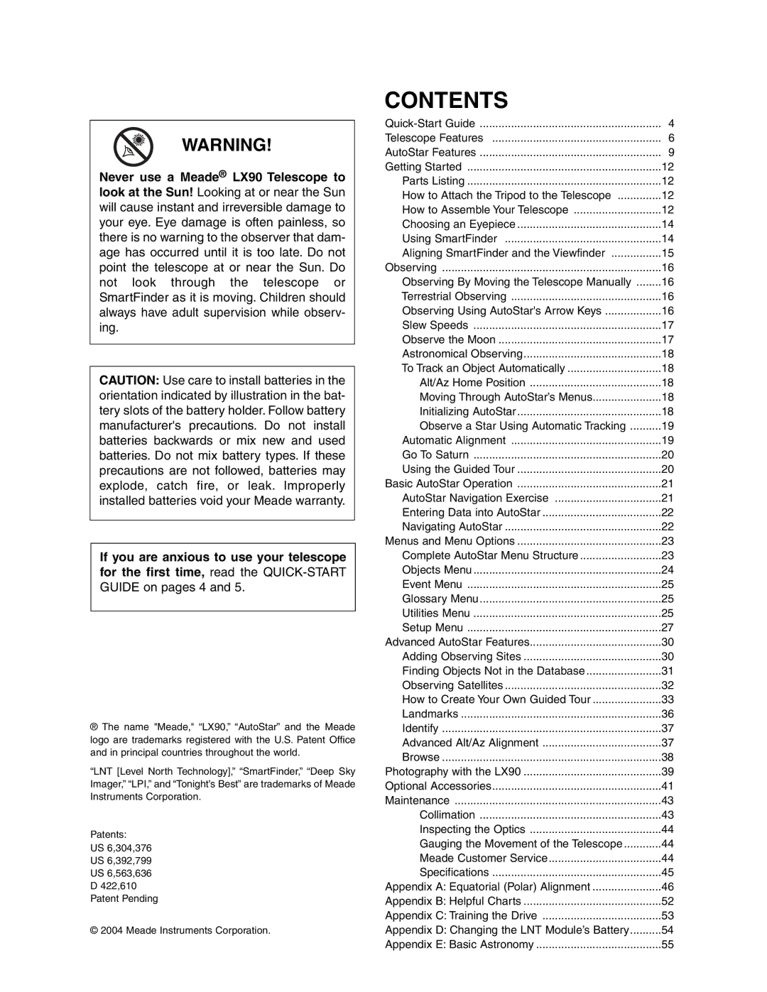 Meade LX90 instruction manual Contents 