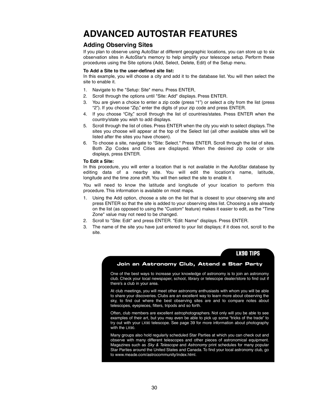 Meade LX90 Advanced Autostar Features, Adding Observing Sites, To Add a Site to the user-defined site list, To Edit a Site 