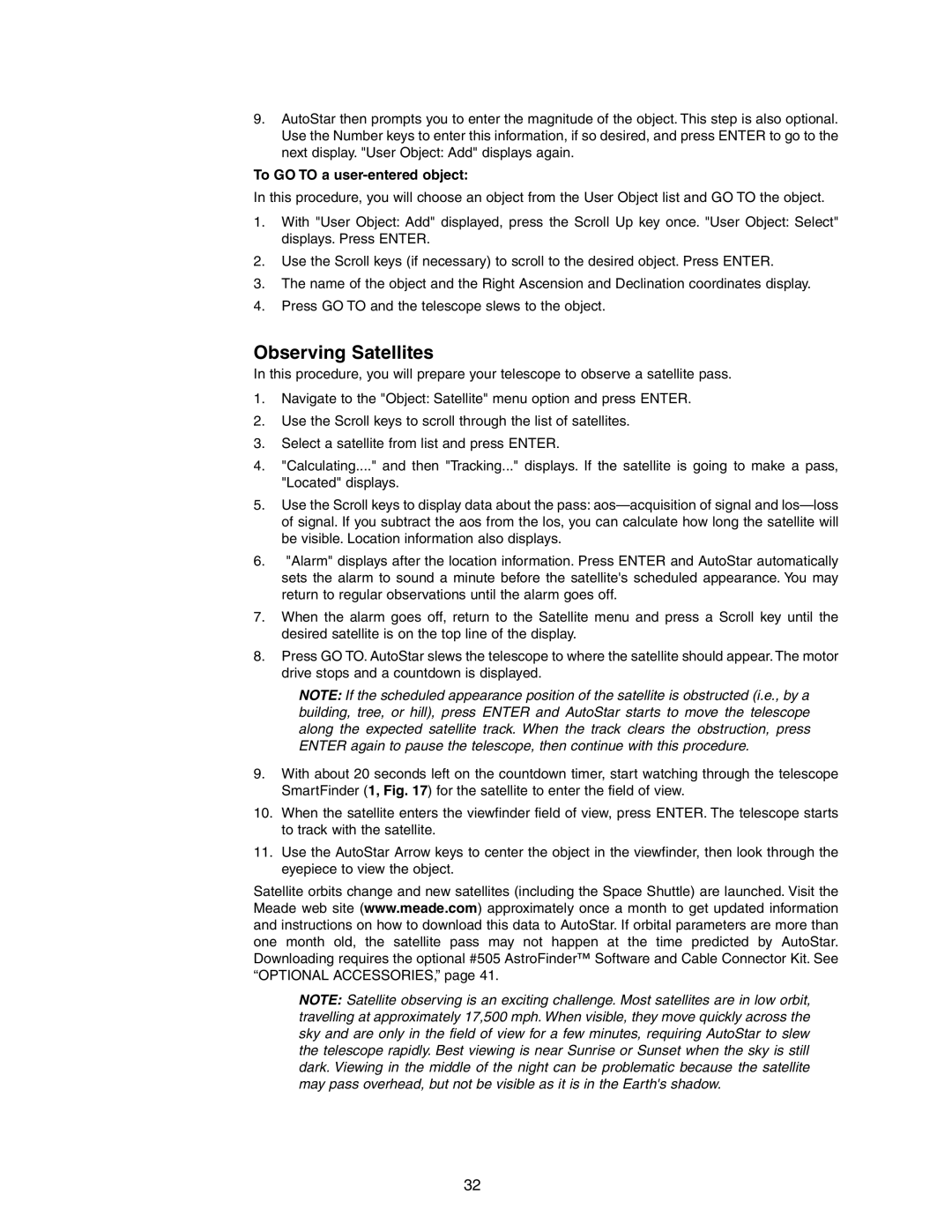 Meade LX90 instruction manual Observing Satellites, To GO to a user-entered object 