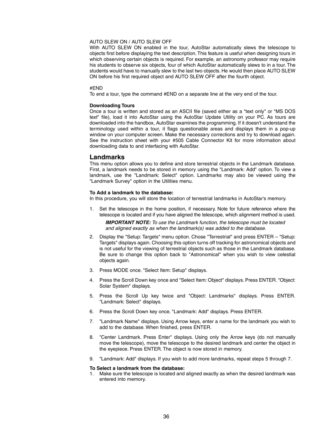 Meade LX90 Landmarks, Downloading Tours, To Add a landmark to the database, To Select a landmark from the database 