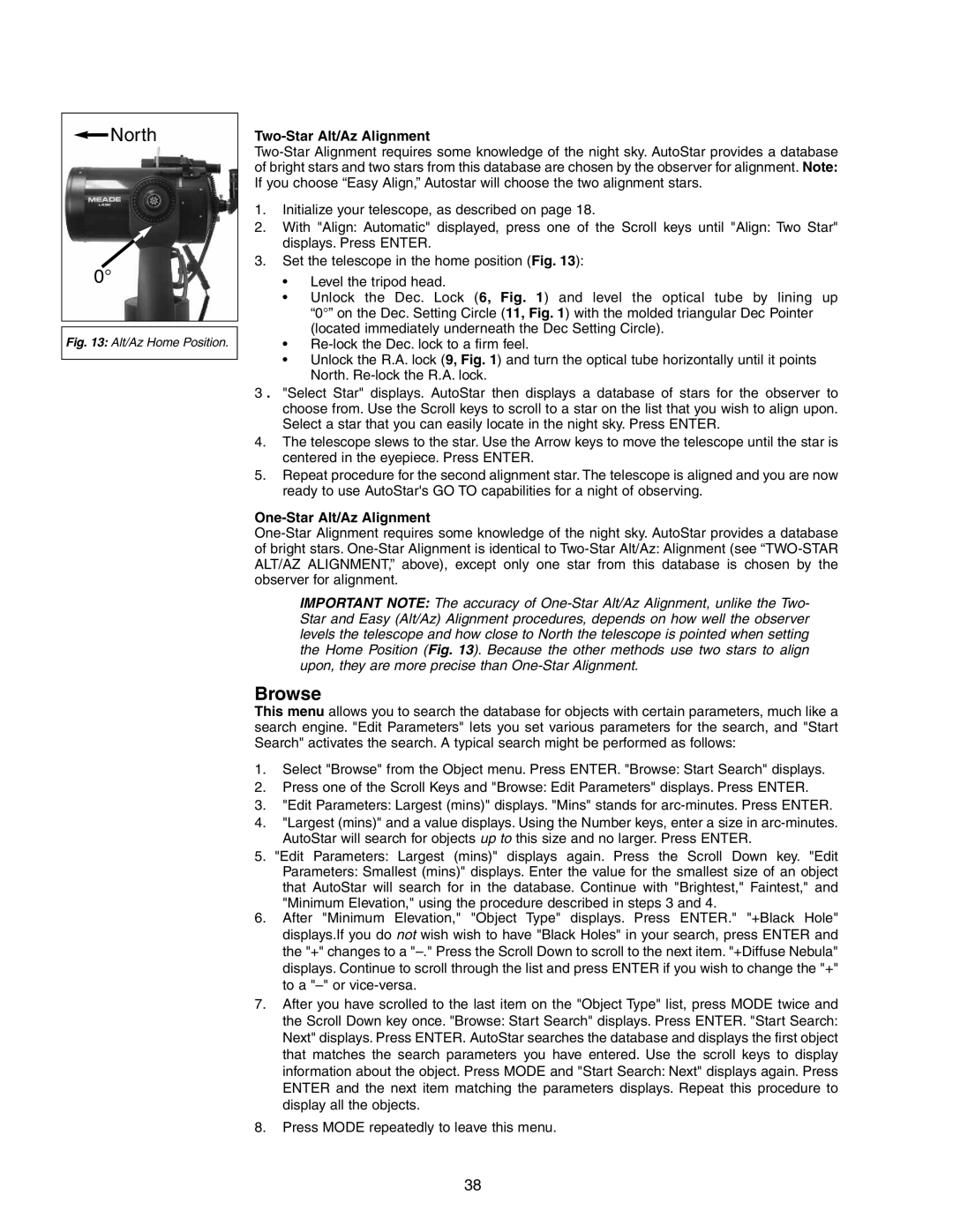 Meade LX90 instruction manual Browse, Two-Star Alt/Az Alignment, One-Star Alt/Az Alignment 