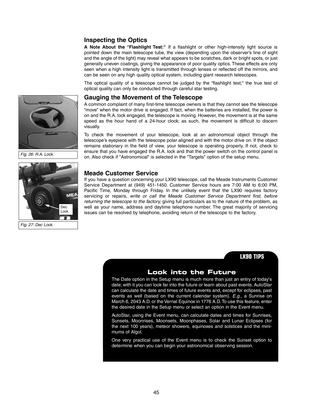 Meade LX90 instruction manual Inspecting the Optics, Gauging the Movement of the Telescope, Meade Customer Service 