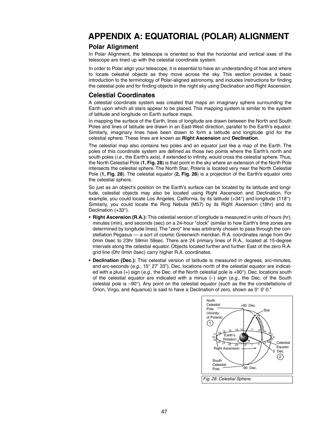 Meade LX90 instruction manual Polar Alignment, Celestial Coordinates 