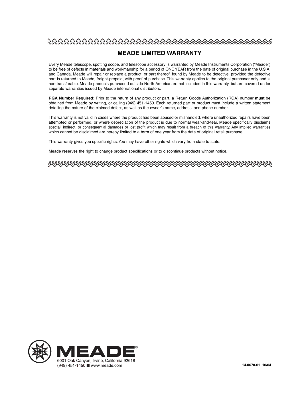 Meade LX90 instruction manual Meade Limited Warranty 