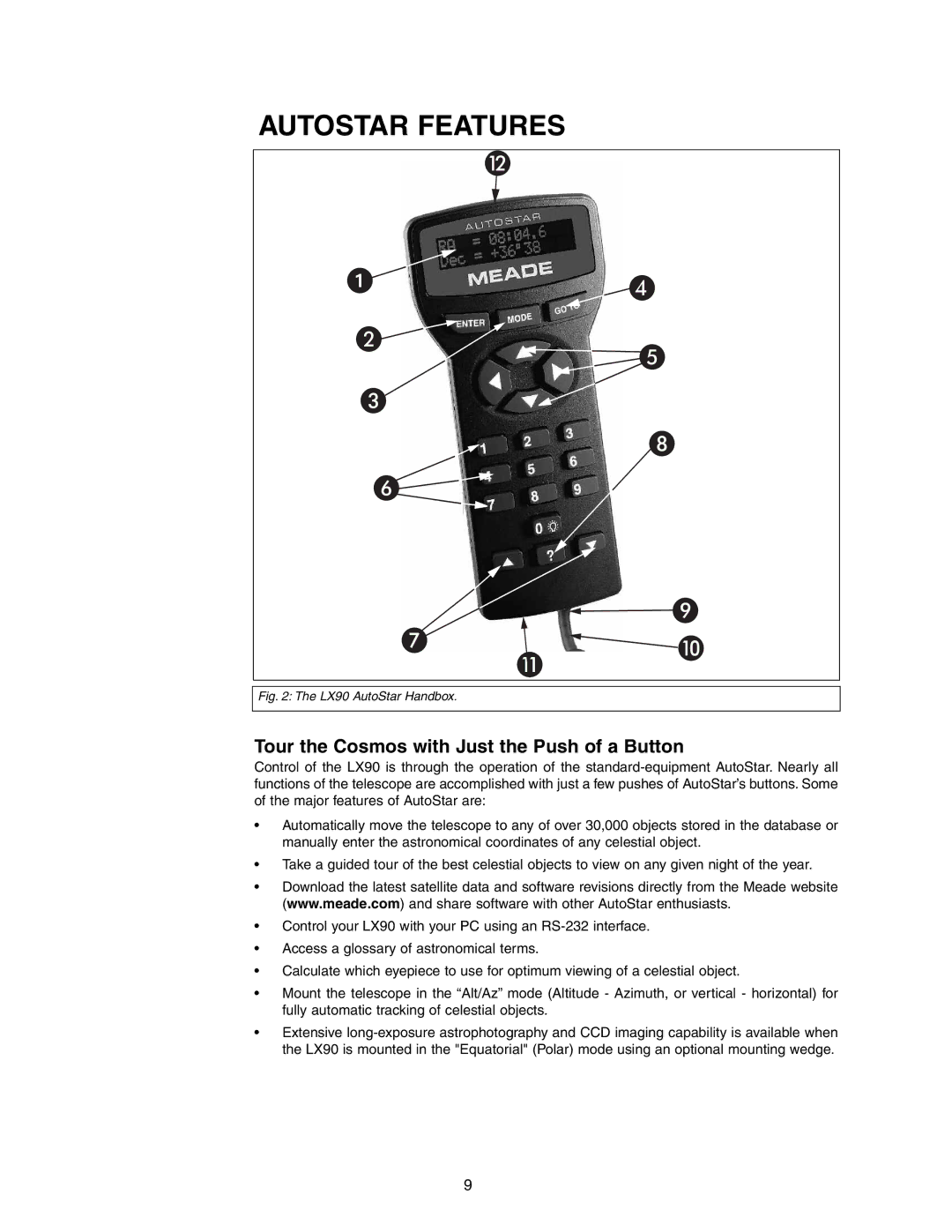 Meade LX90 instruction manual Autostar Features, Tour the Cosmos with Just the Push of a Button 