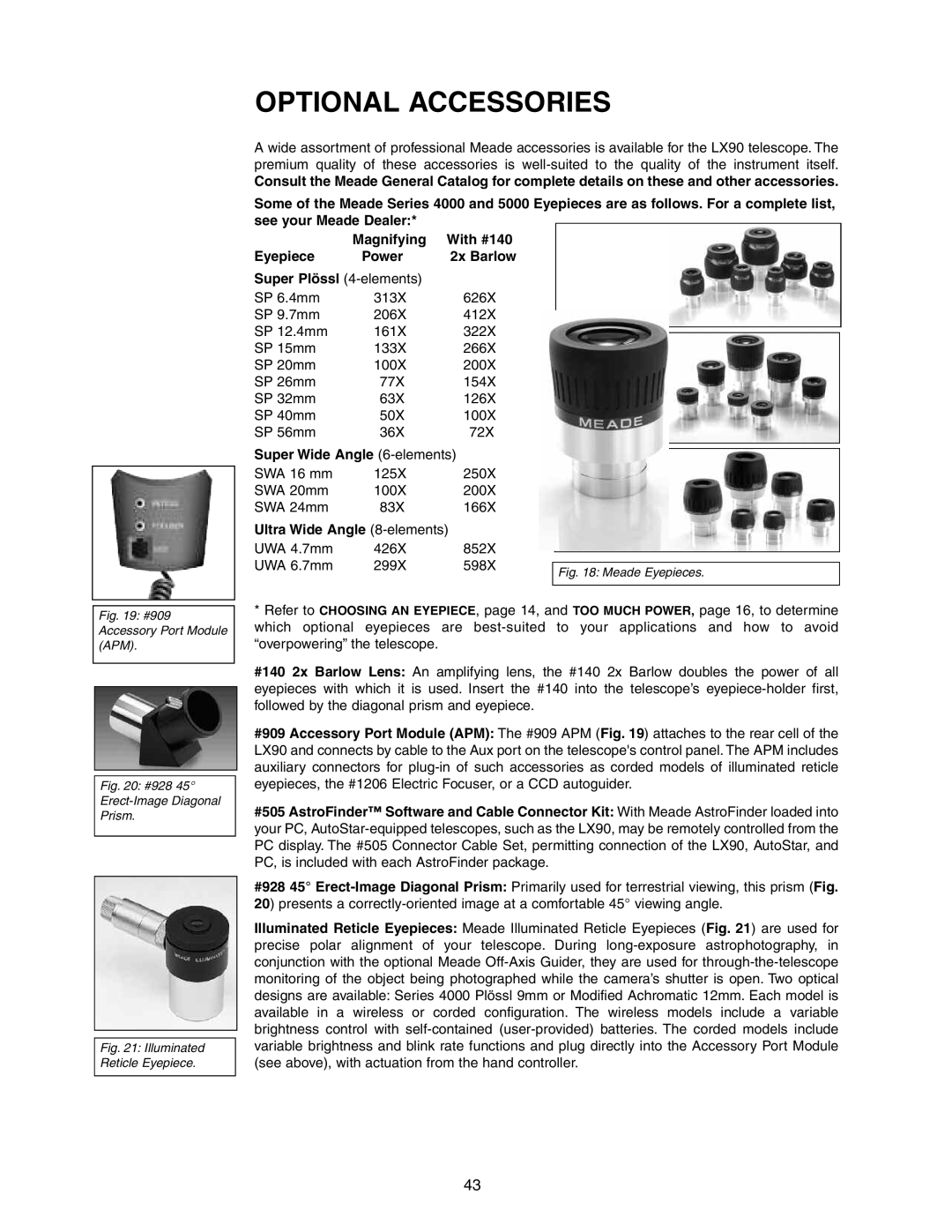 Meade LX90GPS instruction manual Optional Accessories, Magnifying, Eyepiece, Power, 2x Barlow, Super Plössl 4-elements 