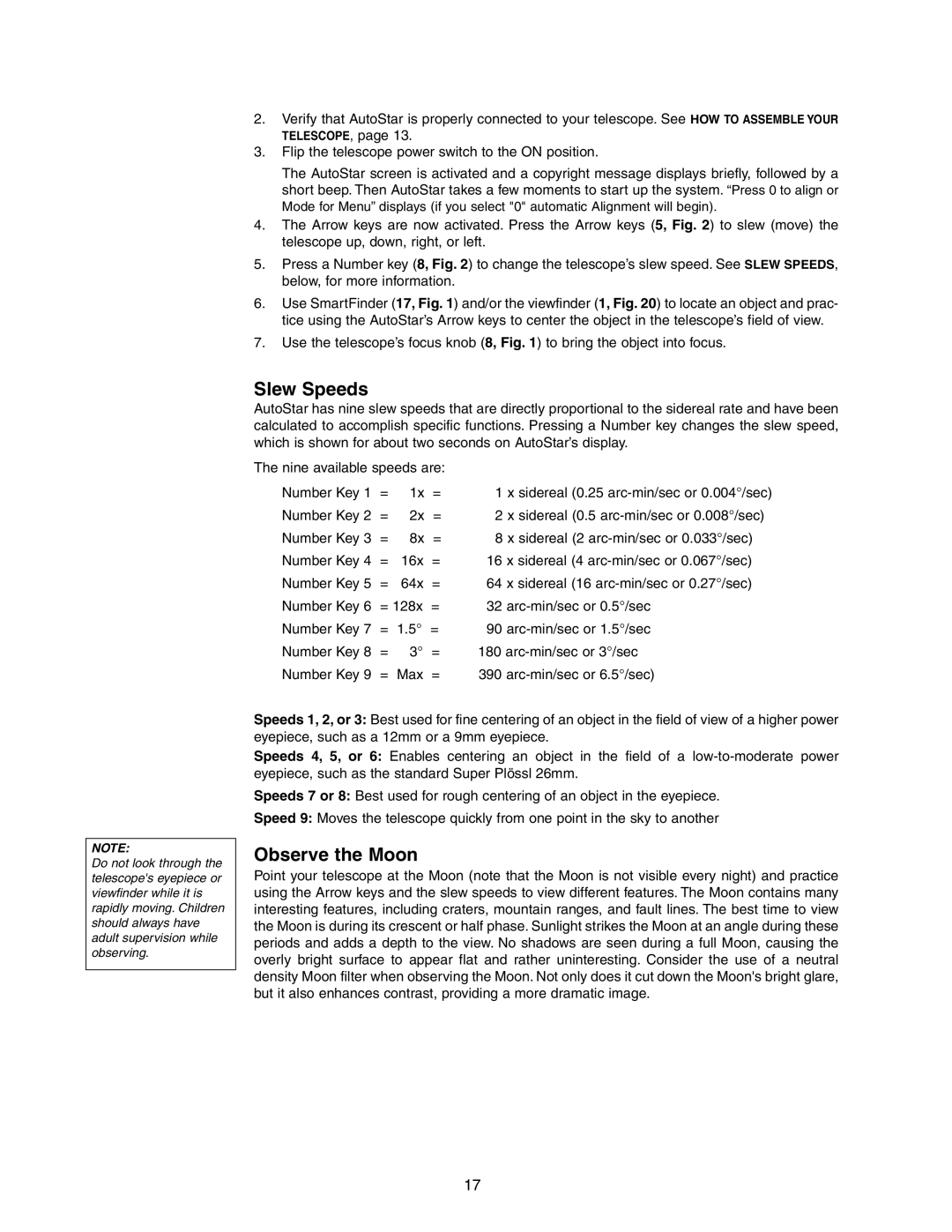 Meade LX90GPS instruction manual Slew Speeds, Observe the Moon 