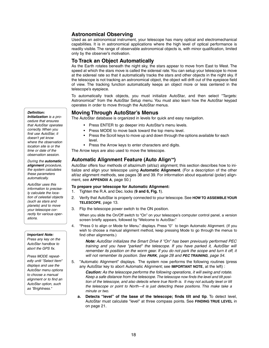 Meade LX90GPS instruction manual Astronomical Observing, To Track an Object Automatically, Moving Through AutoStar’s Menus 