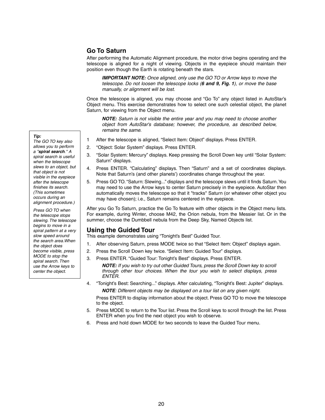 Meade LX90GPS instruction manual Go To Saturn, Using the Guided Tour 