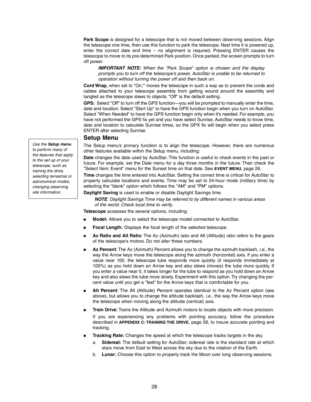 Meade LX90GPS instruction manual Setup Menu 