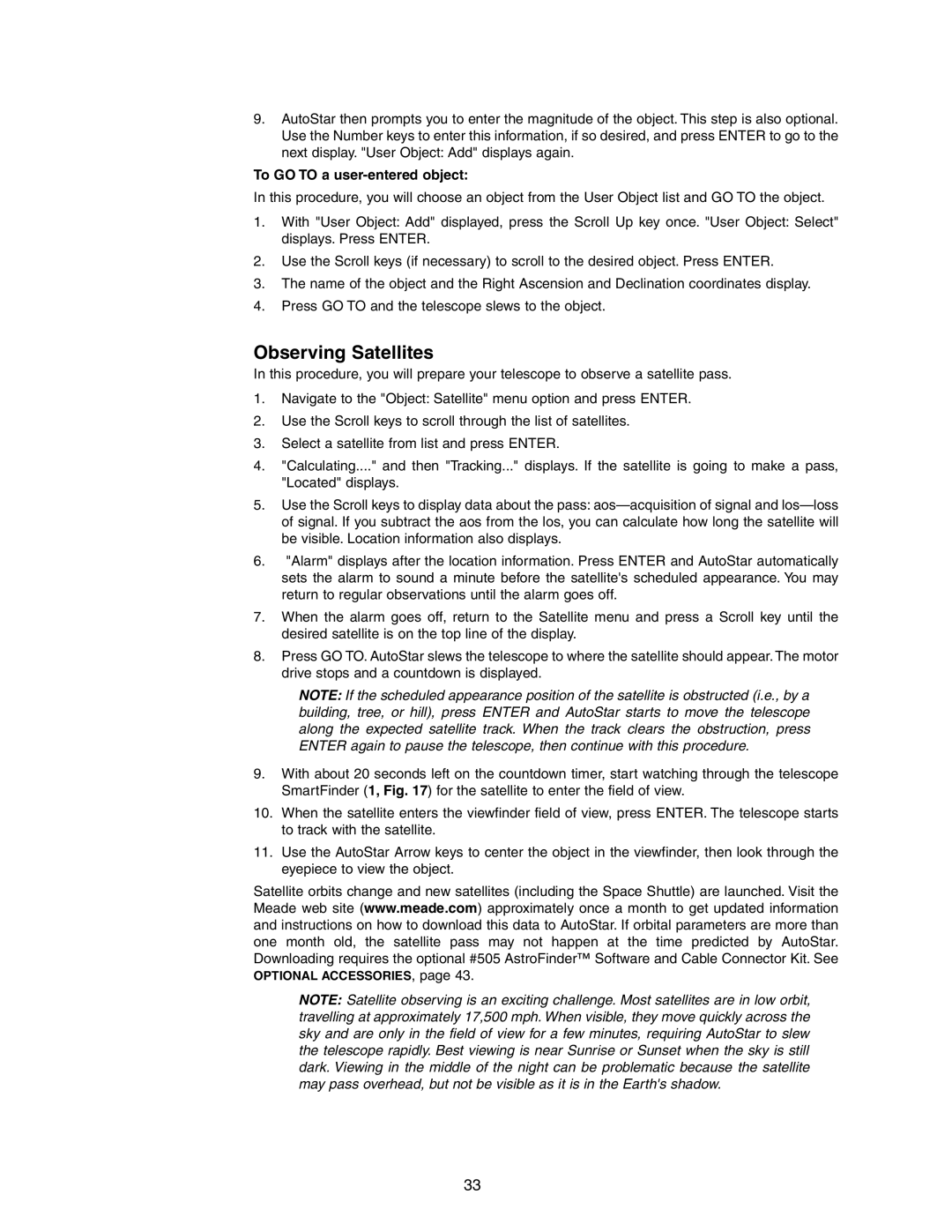 Meade LX90GPS instruction manual Observing Satellites, To GO to a user-entered object 