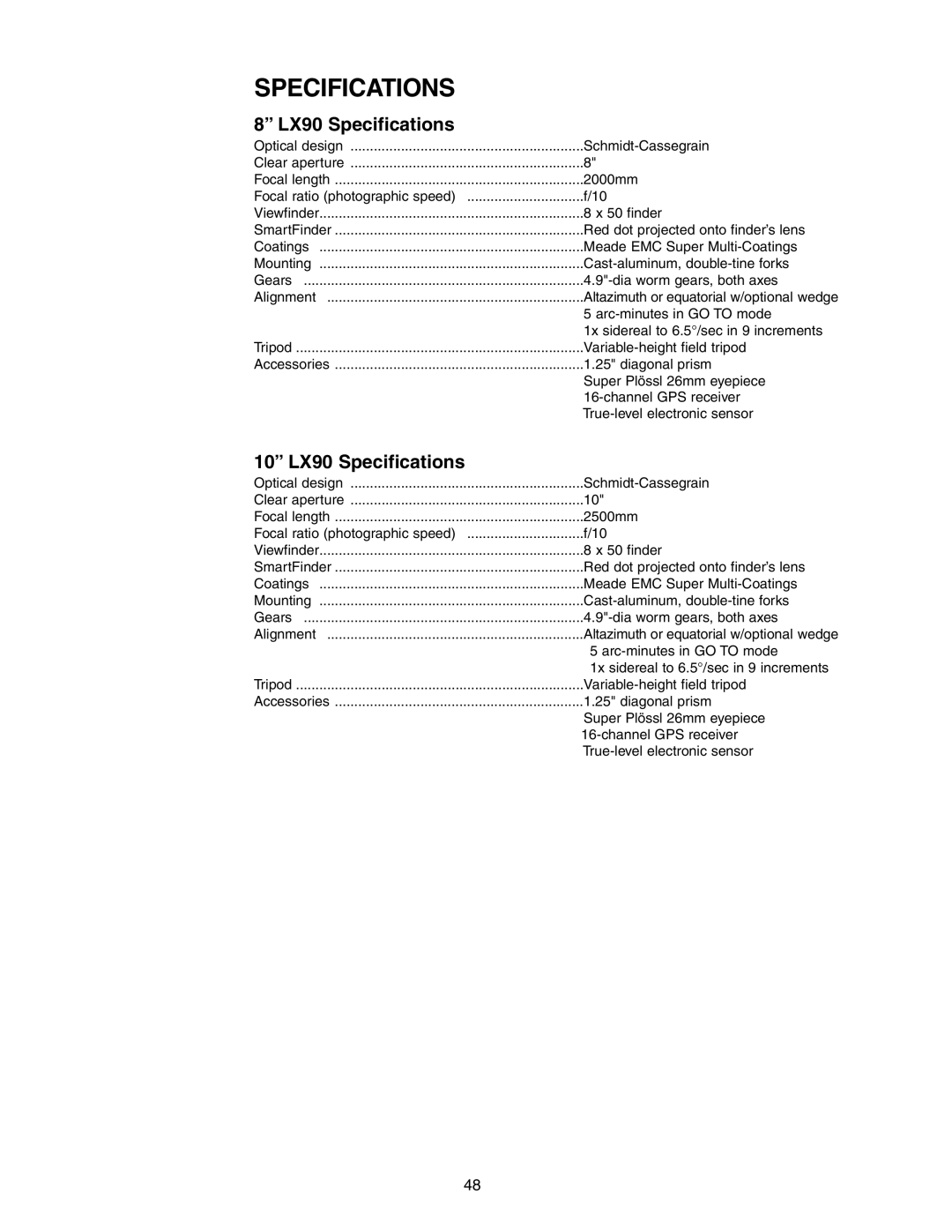 Meade LX90GPS instruction manual 10 LX90 Specifications 