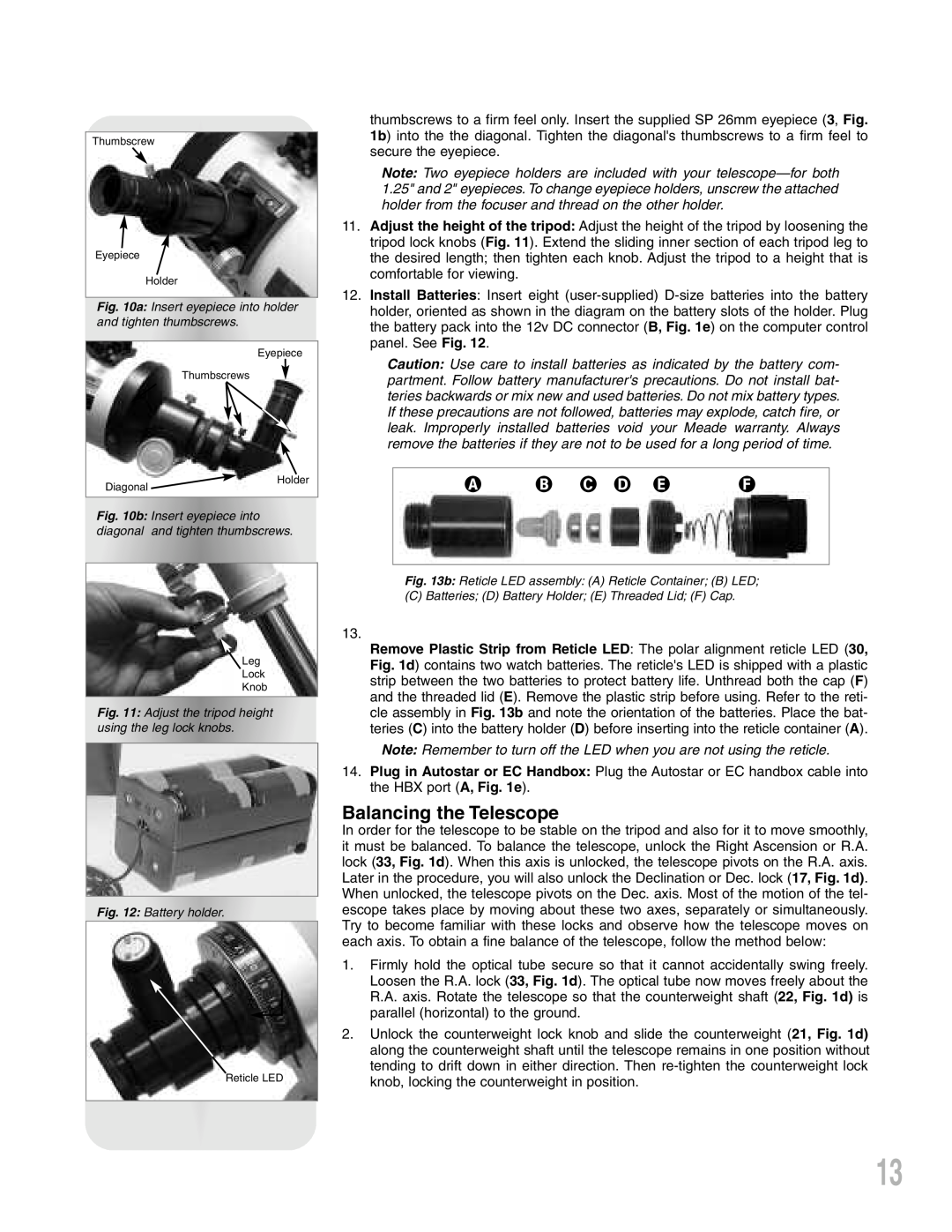 Meade LXD 75-Series instruction manual A B C D E F, Balancing the Telescope 