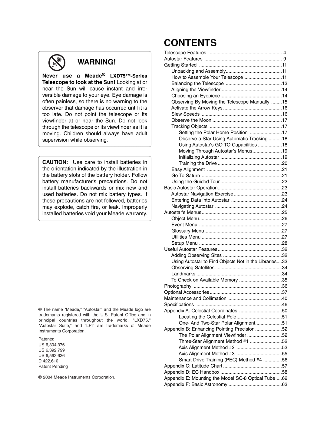 Meade LXD 75-Series instruction manual Contents 