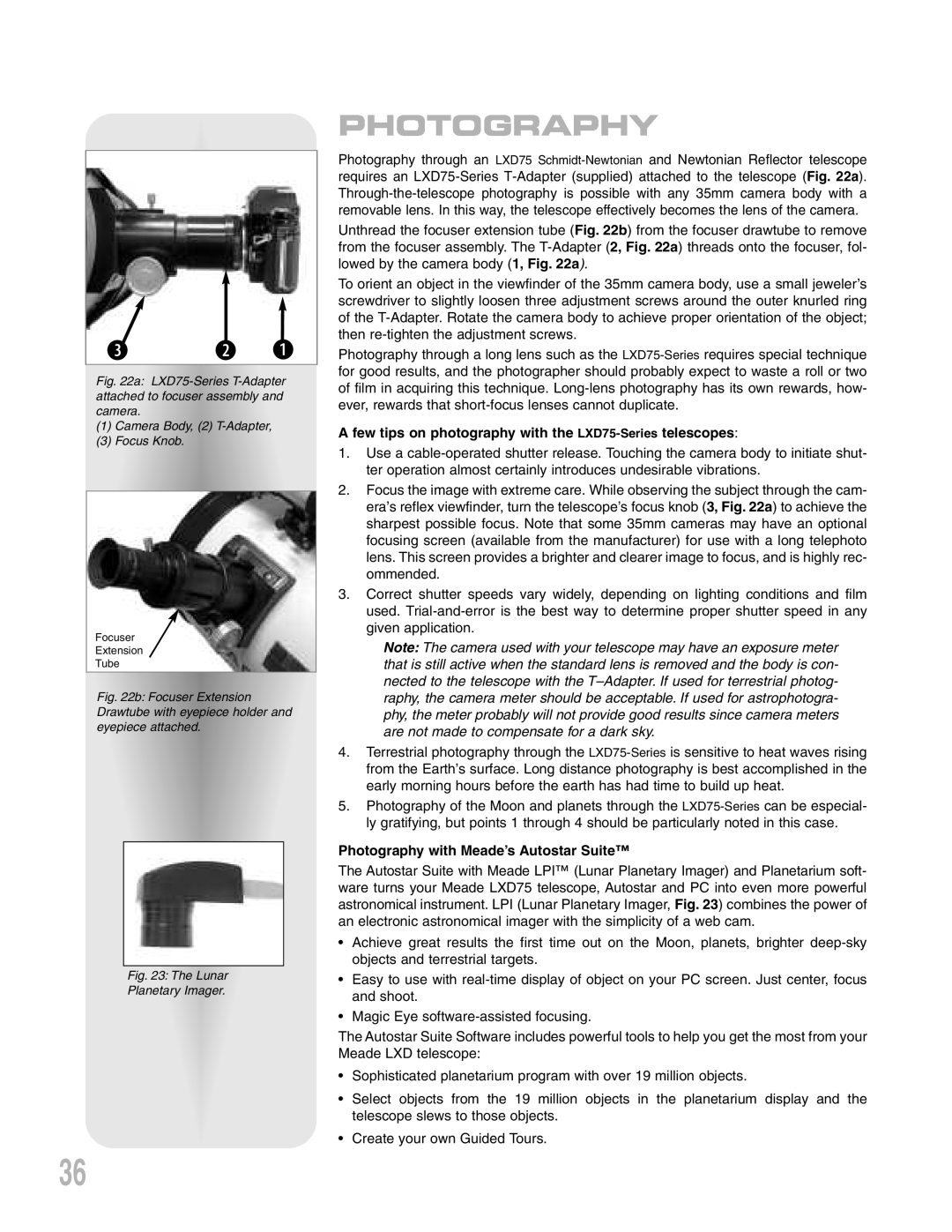 Meade LXD 75-Series instruction manual d C B, Photography with Meade’s Autostar Suite 