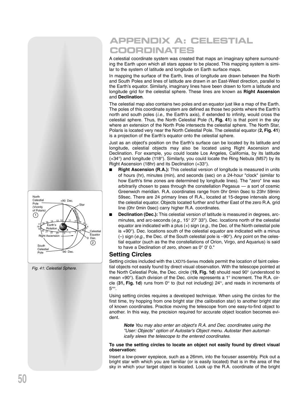 Meade LXD 75-Series instruction manual Appendix A: Celestial Coordinates, Setting Circles 