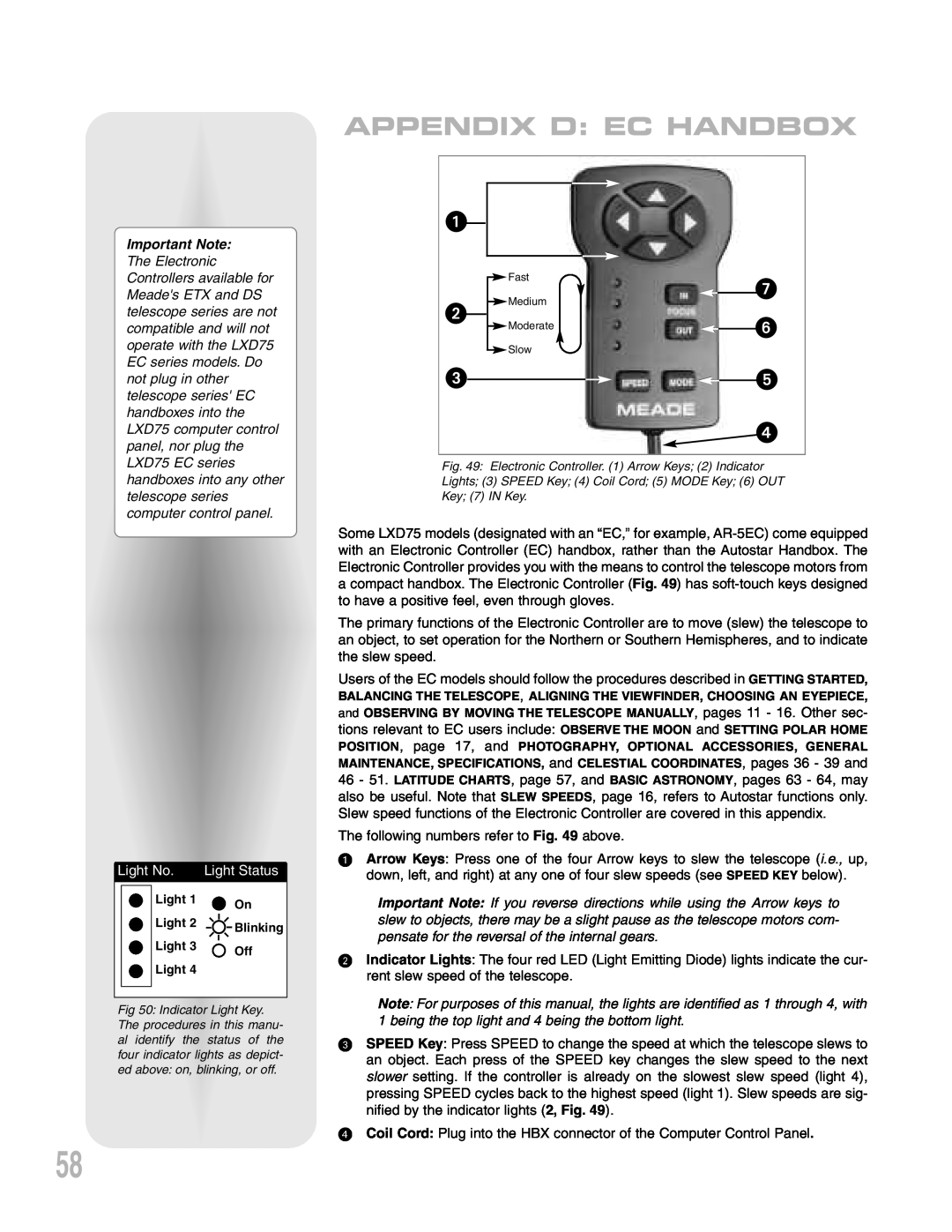Meade LXD 75-Series instruction manual Appendix D: Ec Handbox, 35 4, Important Note, Light No, Light Status 