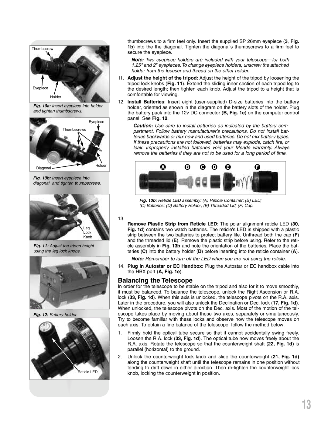 Meade LXD 75-Series instruction manual C D E F, Balancing the Telescope 