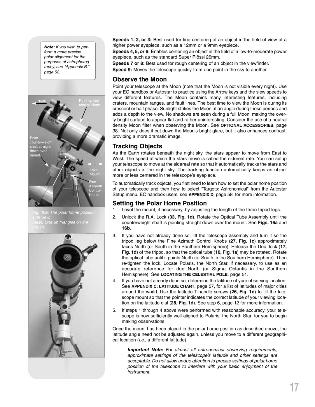 Meade LXD 75-Series instruction manual Observe the Moon, Tracking Objects, Setting the Polar Home Position, 16b 