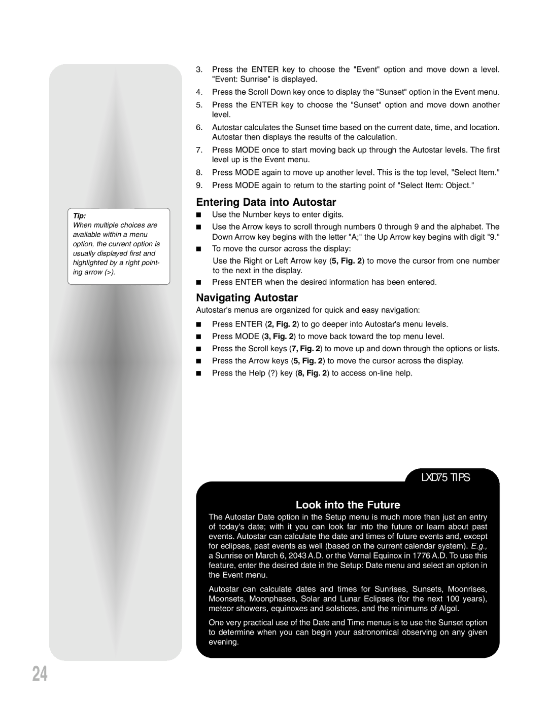 Meade LXD 75-Series instruction manual Entering Data into Autostar, Navigating Autostar 