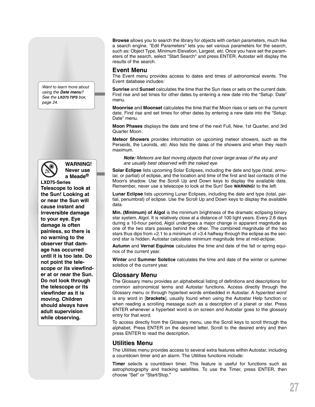 Meade LXD 75-Series instruction manual Event Menu, Glossary Menu, Utilities Menu, LXD75-Series 