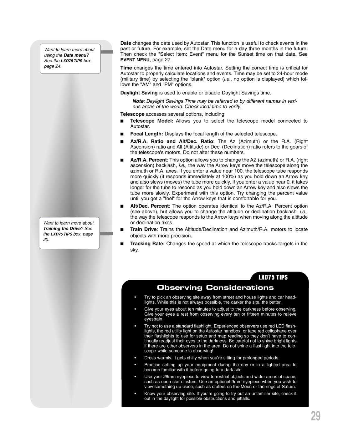 Meade LXD 75-Series instruction manual Observing Considerations 