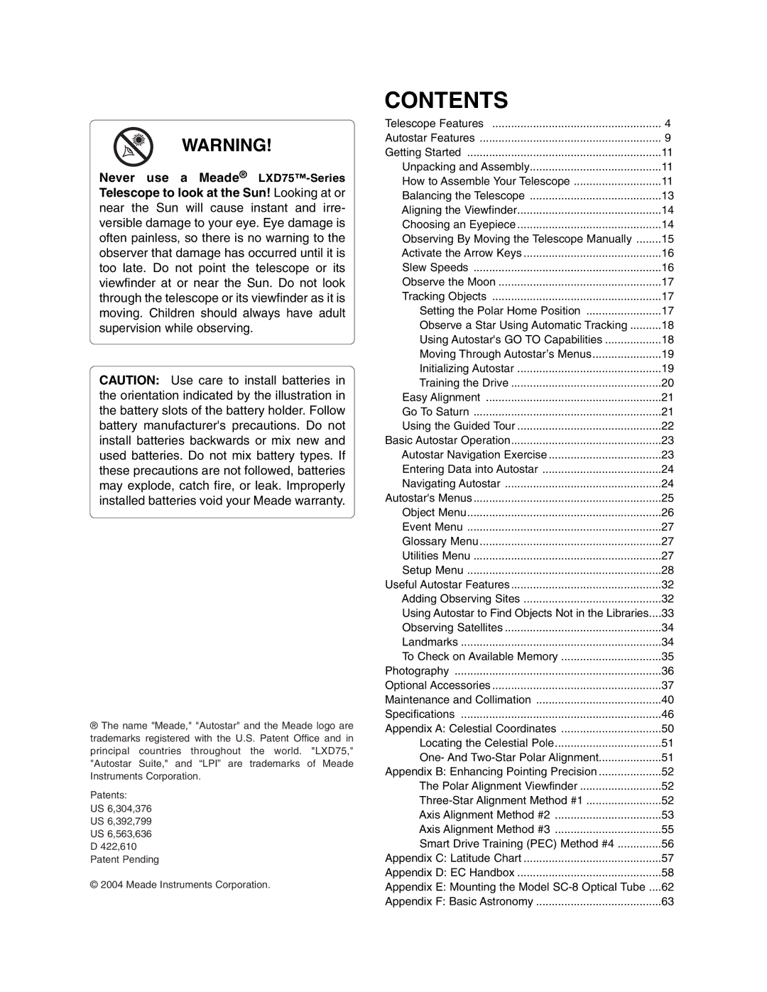 Meade LXD 75-Series instruction manual Contents 