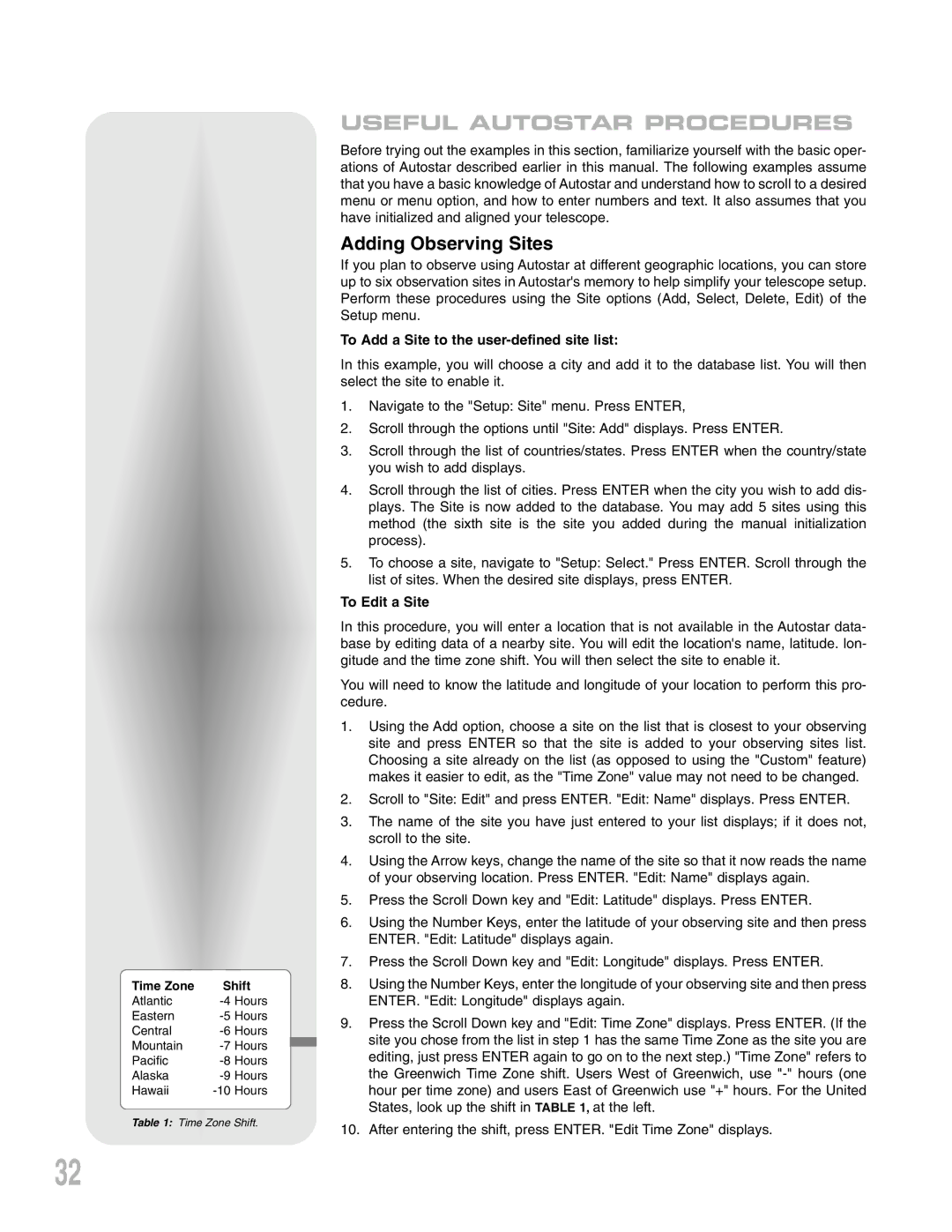 Meade LXD 75-Series instruction manual Adding Observing Sites, To Add a Site to the user-defined site list, To Edit a Site 