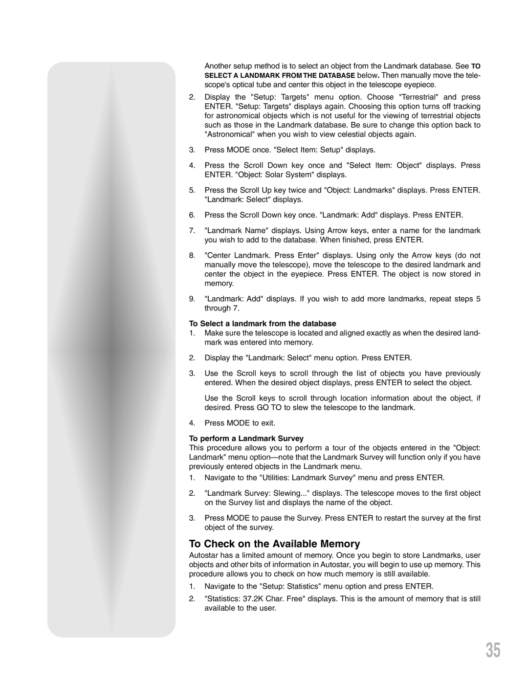 Meade LXD 75-Series To Check on the Available Memory, To Select a landmark from the database, To perform a Landmark Survey 