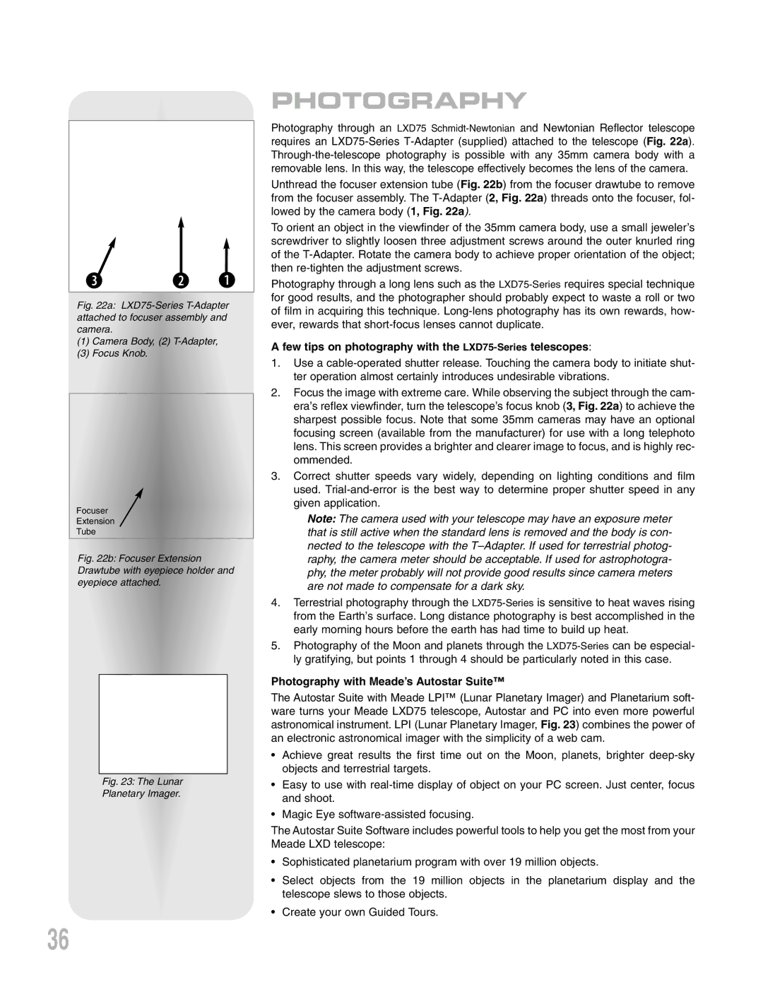 Meade LXD 75-Series instruction manual Photography, Few tips on photography with the LXD75-Seriestelescopes 