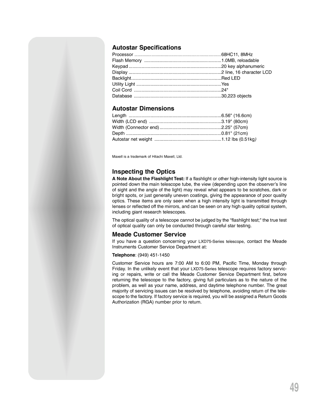 Meade LXD 75-Series Autostar Specifications, Autostar Dimensions, Inspecting the Optics, Meade Customer Service 