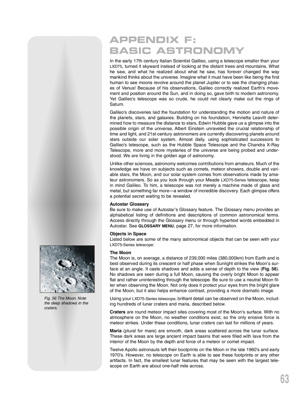 Meade LXD 75-Series instruction manual Appendix F Basic Astronomy, Autostar Glossary, Objects in Space, Moon 