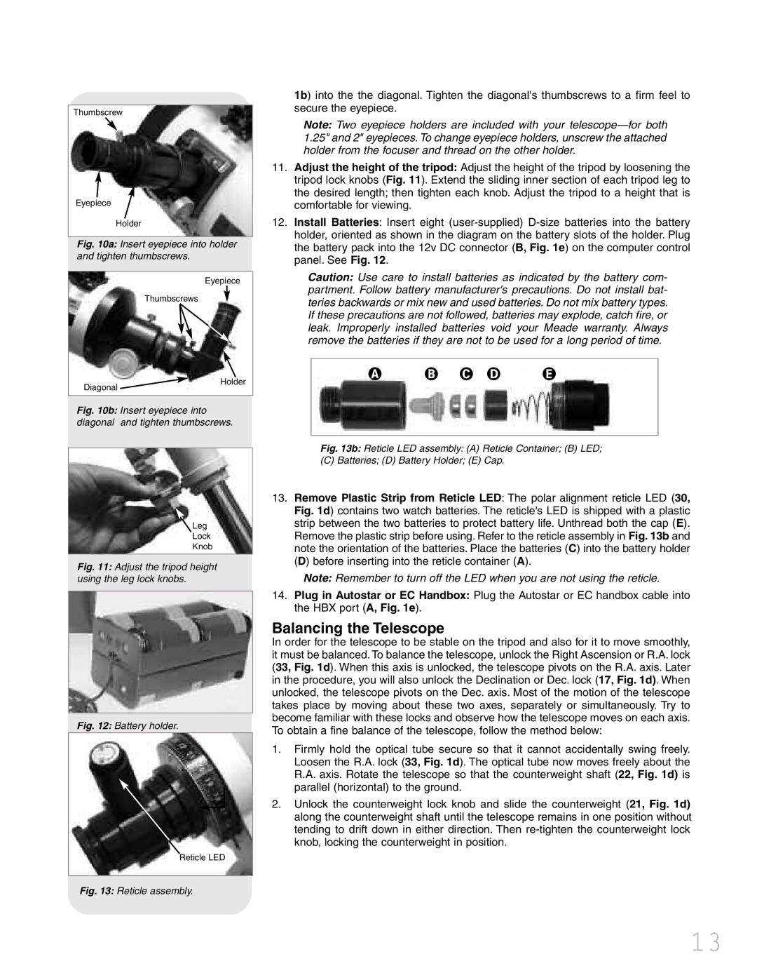 Meade LXD 75 instruction manual C D E, Balancing the Telescope 
