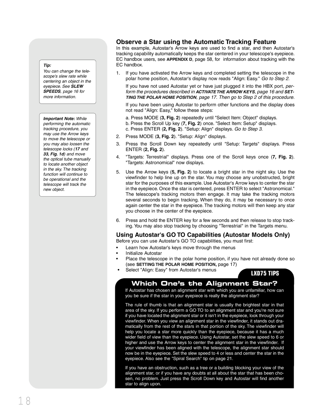 Meade LXD 75 instruction manual Observe a Star using the Automatic Tracking Feature, Tip 