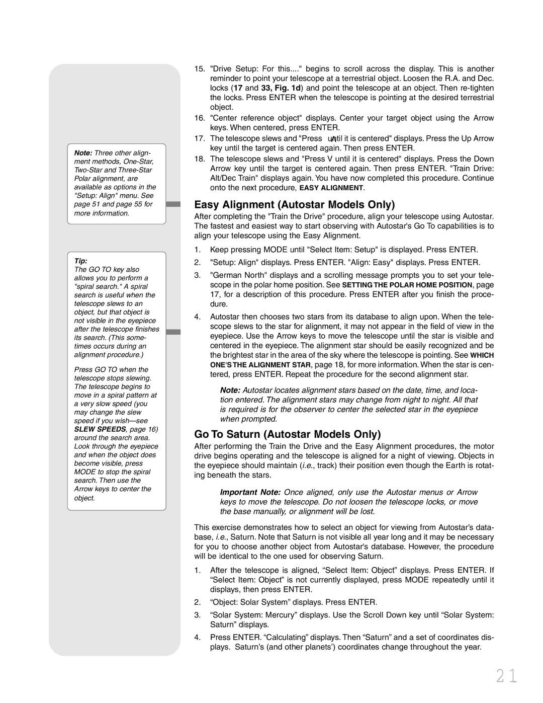 Meade LXD 75 instruction manual Easy Alignment Autostar Models Only, Go To Saturn Autostar Models Only 