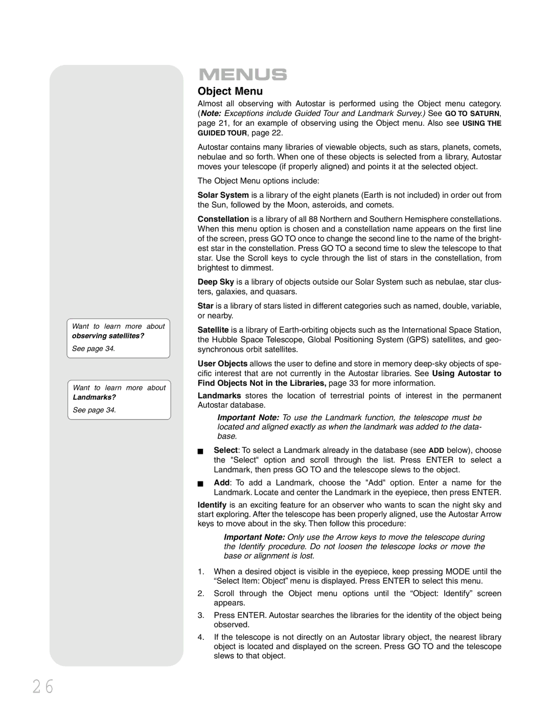 Meade LXD 75 instruction manual Menus, Object Menu 