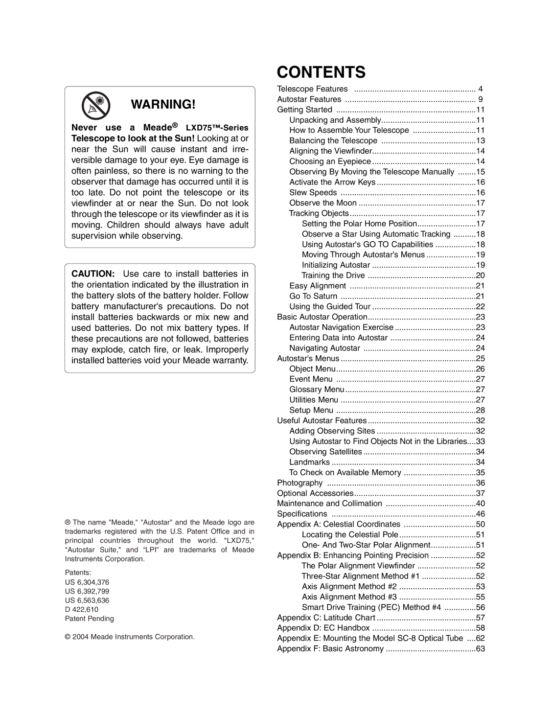 Meade LXD 75 instruction manual Contents 