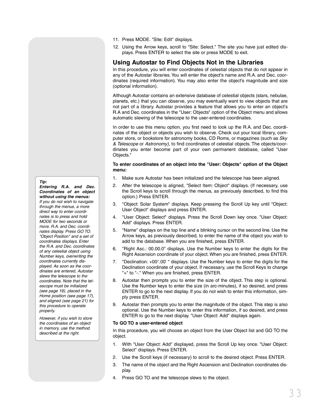 Meade LXD 75 instruction manual Using Autostar to Find Objects Not in the Libraries, To GO to a user-entered object 