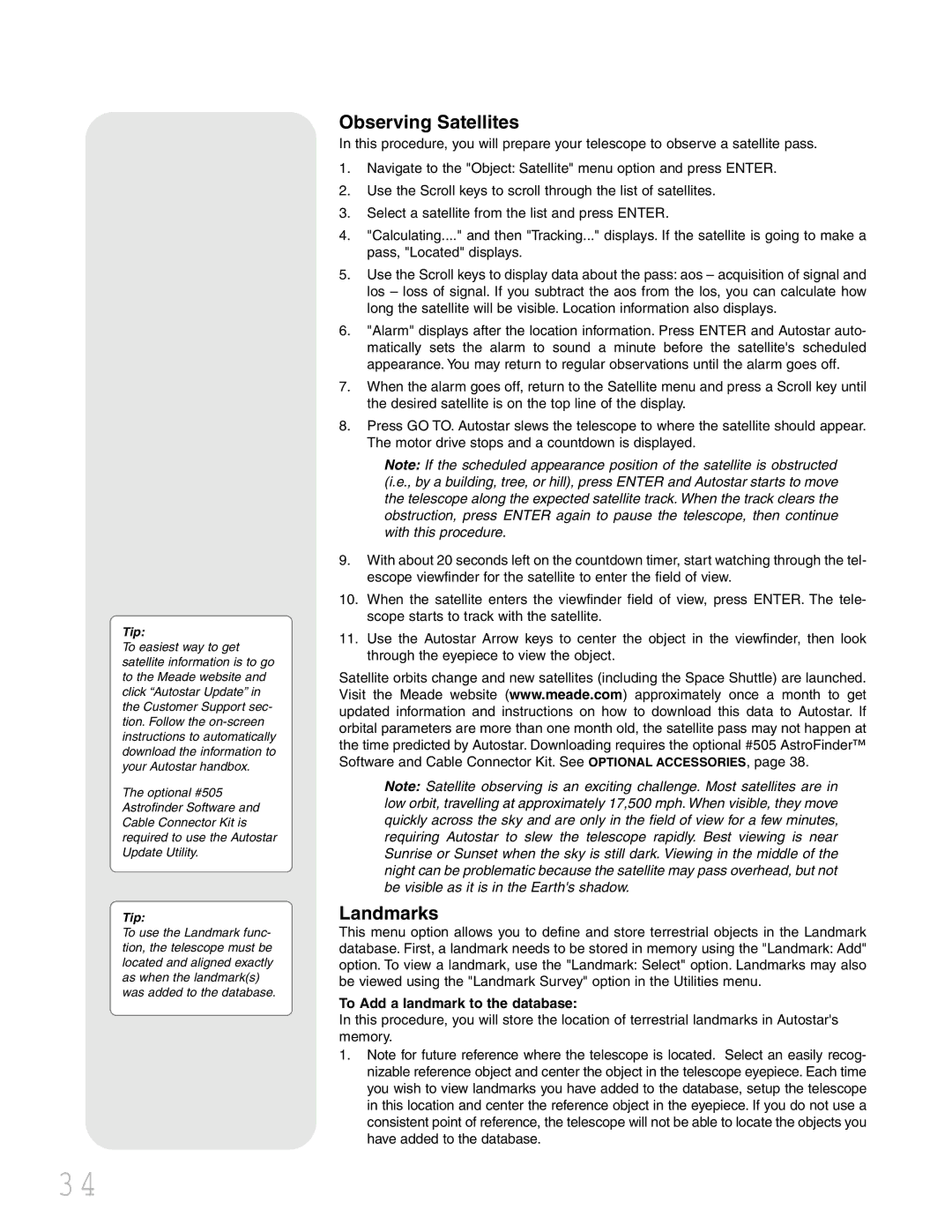 Meade LXD 75 instruction manual Observing Satellites, Landmarks, To Add a landmark to the database 