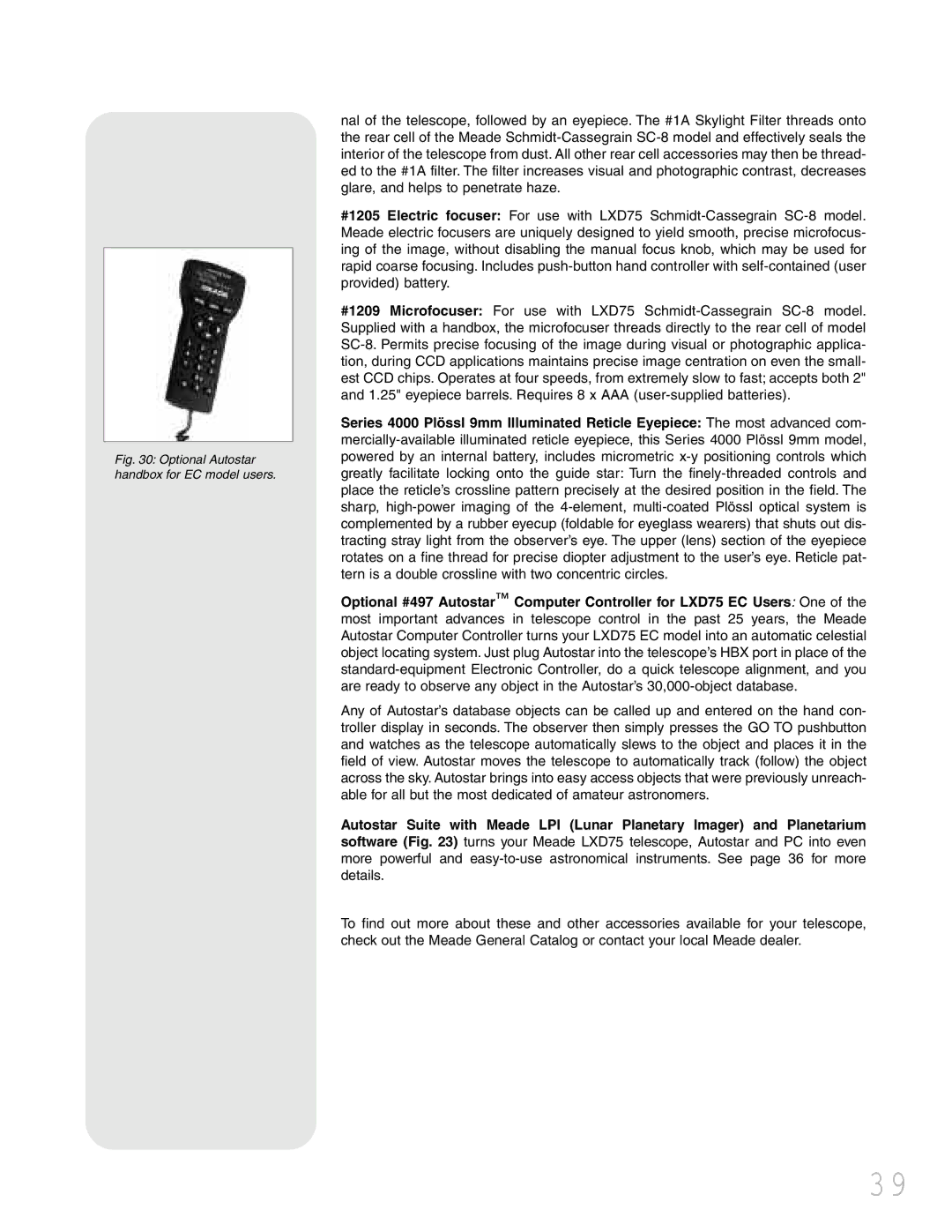 Meade LXD 75 instruction manual Optional Autostar handbox for EC model users 