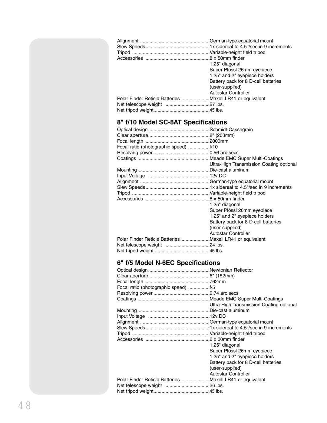 Meade LXD 75 instruction manual Model SC-8AT Specifications, Model N-6EC Specifications 