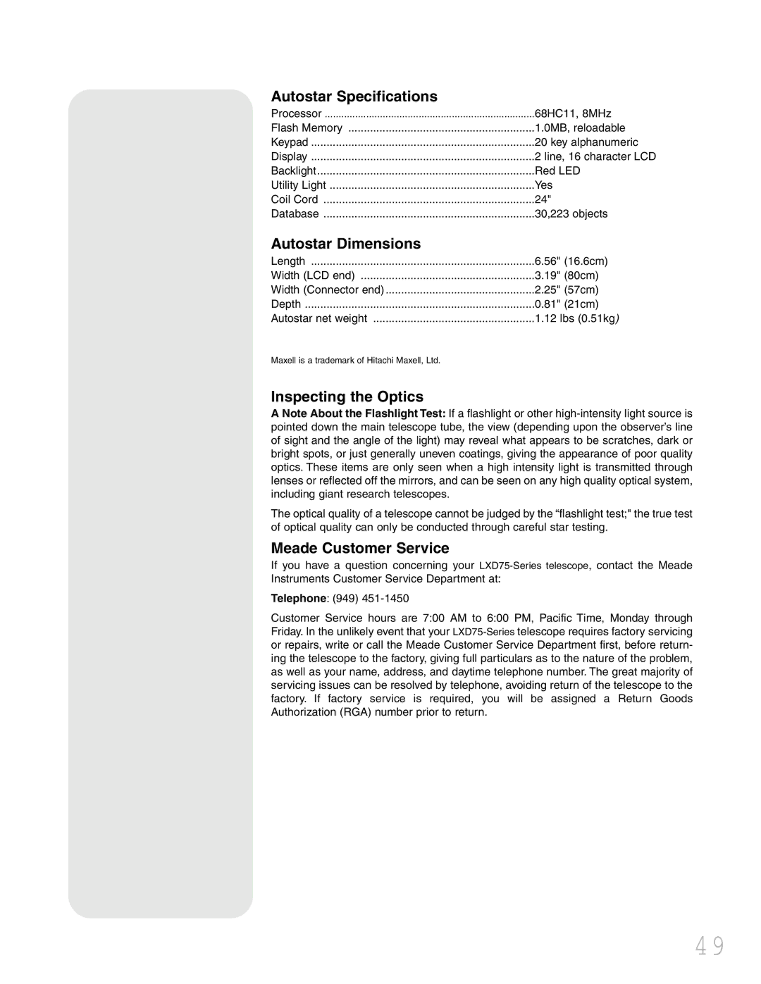 Meade LXD 75 instruction manual Autostar Specifications, Autostar Dimensions, Inspecting the Optics, Meade Customer Service 