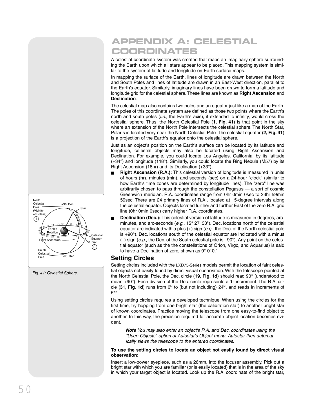 Meade LXD 75 instruction manual Appendix a Celestial Coordinates, Setting Circles 