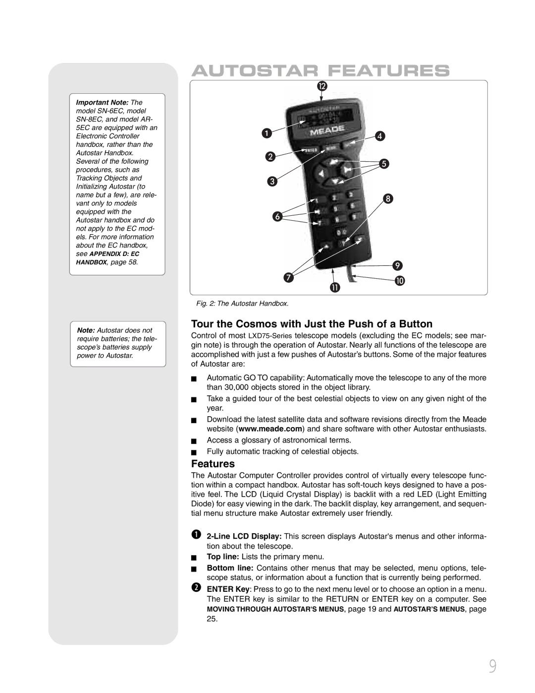 Meade LXD 75 instruction manual Autostar Features, Tour the Cosmos with Just the Push of a Button 