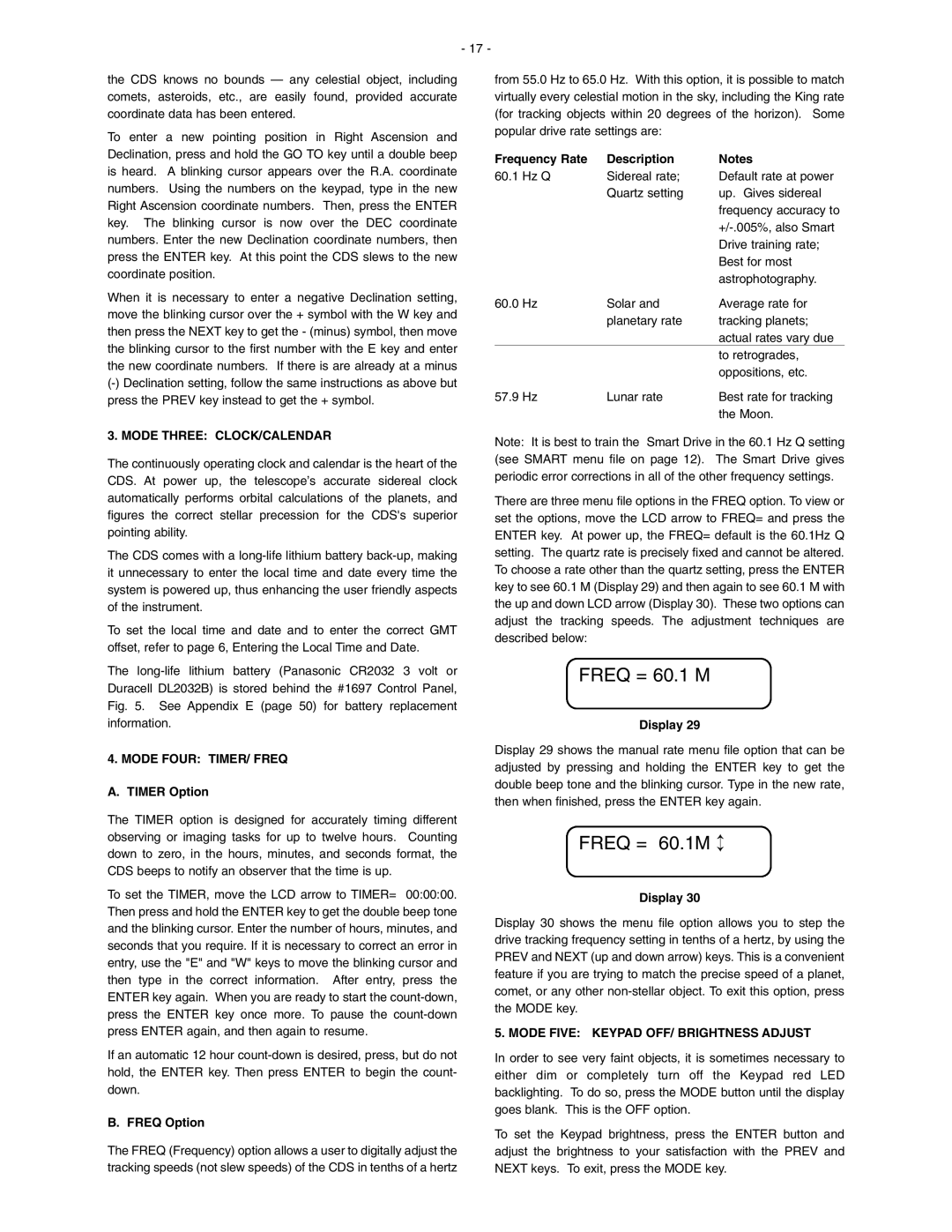 Meade LXD 650, LXD 750 instruction manual Freq = 60.1 M, Freq = 60.1M, Mode Three CLOCK/CALENDAR, Mode Four TIMER/ Freq 