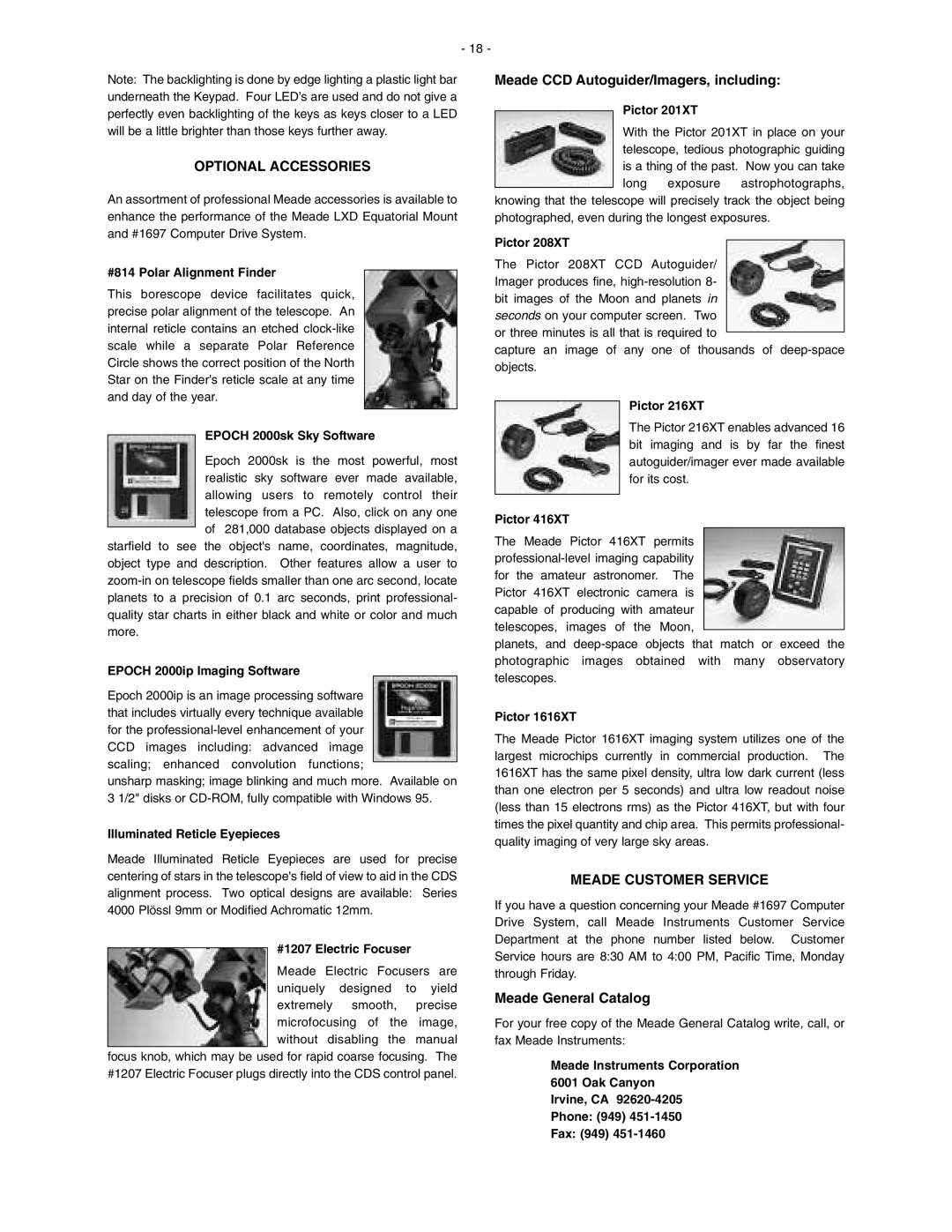 Meade LXD 750, LXD 650 instruction manual Optional Accessories, Meade Customer Service 